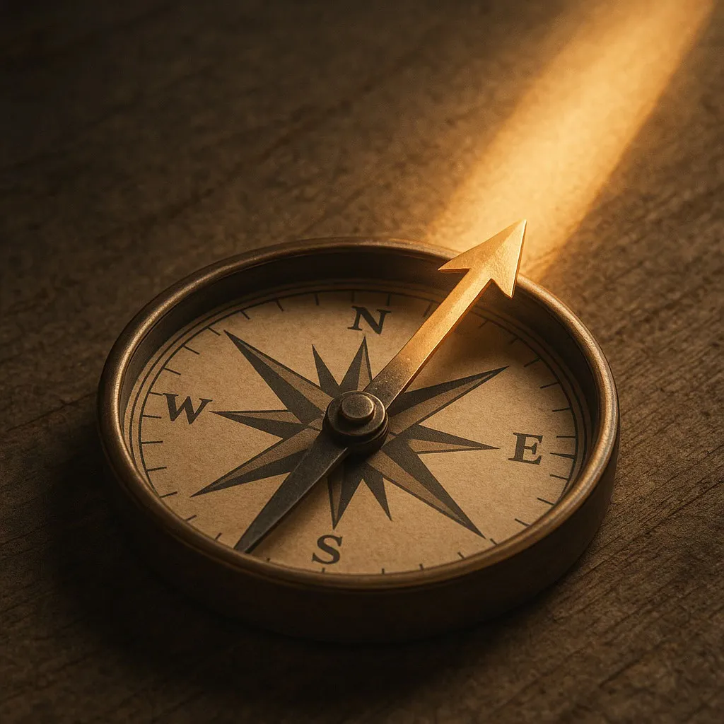 A compass with its needle pointing into a beam of light.
