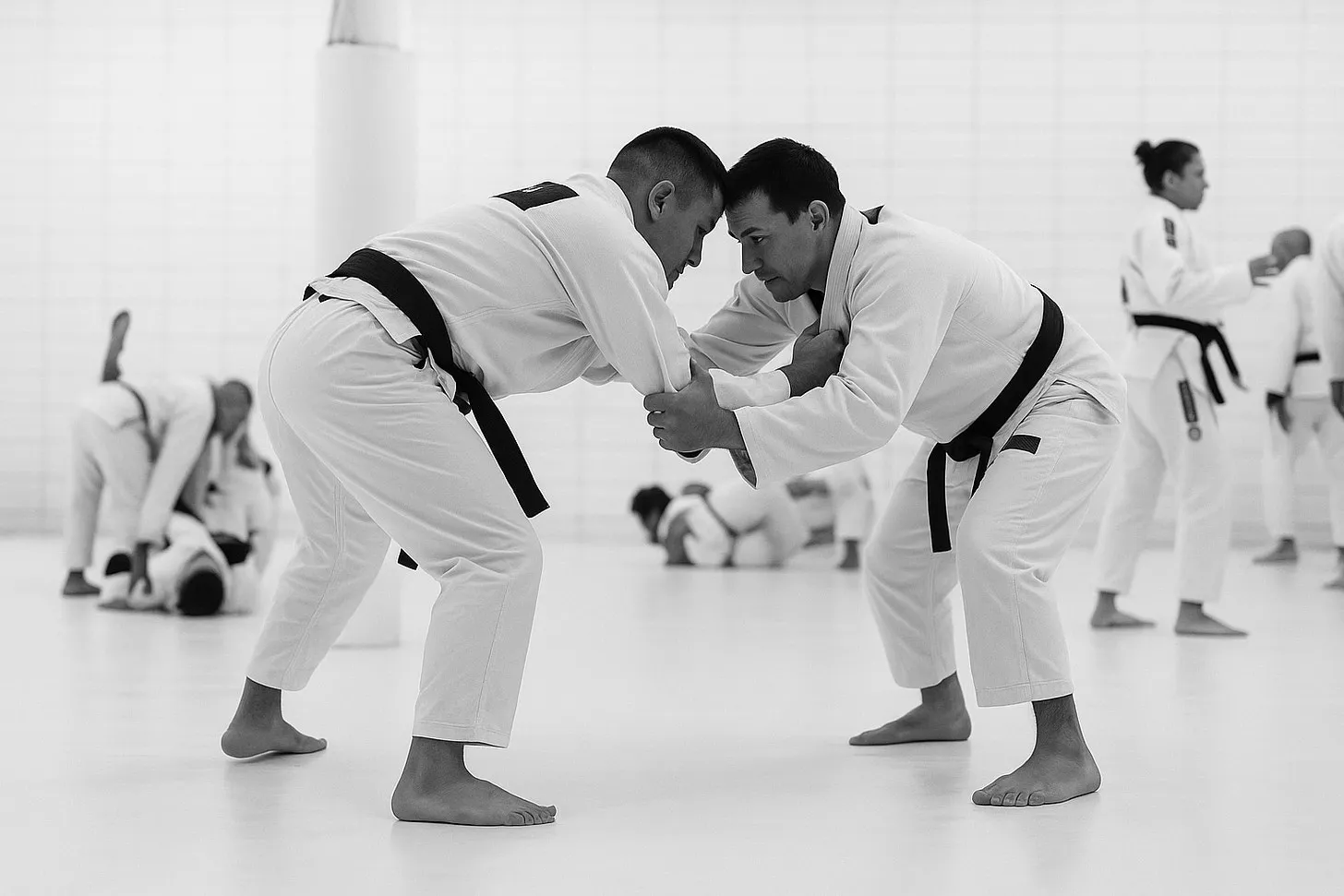Two Brazilian Jiu-Jitsu black belts training together in a bright gym.