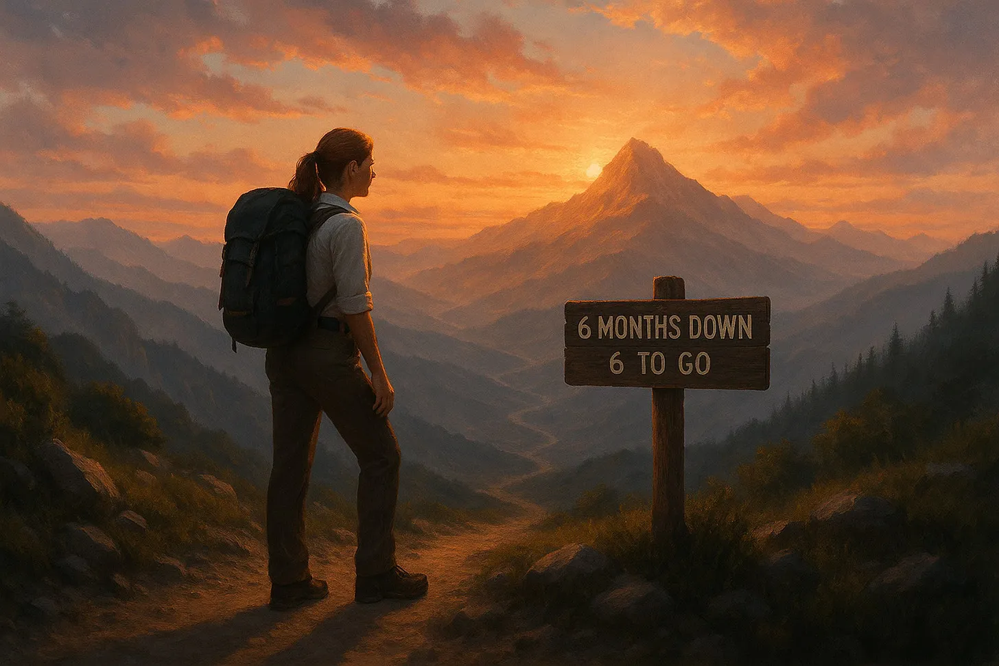 A hiker faces a mountain beside a sign reading 6 months down, 6 to go.